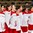 BUFFALO, NEW YORK - JANUARY 2: Team Denmark stands for the national anthem following their victory over Belarus during the relegation round of the 2018 IIHF World Junior Championship. (Photo by Andrea Cardin/HHOF-IIHF Images)

